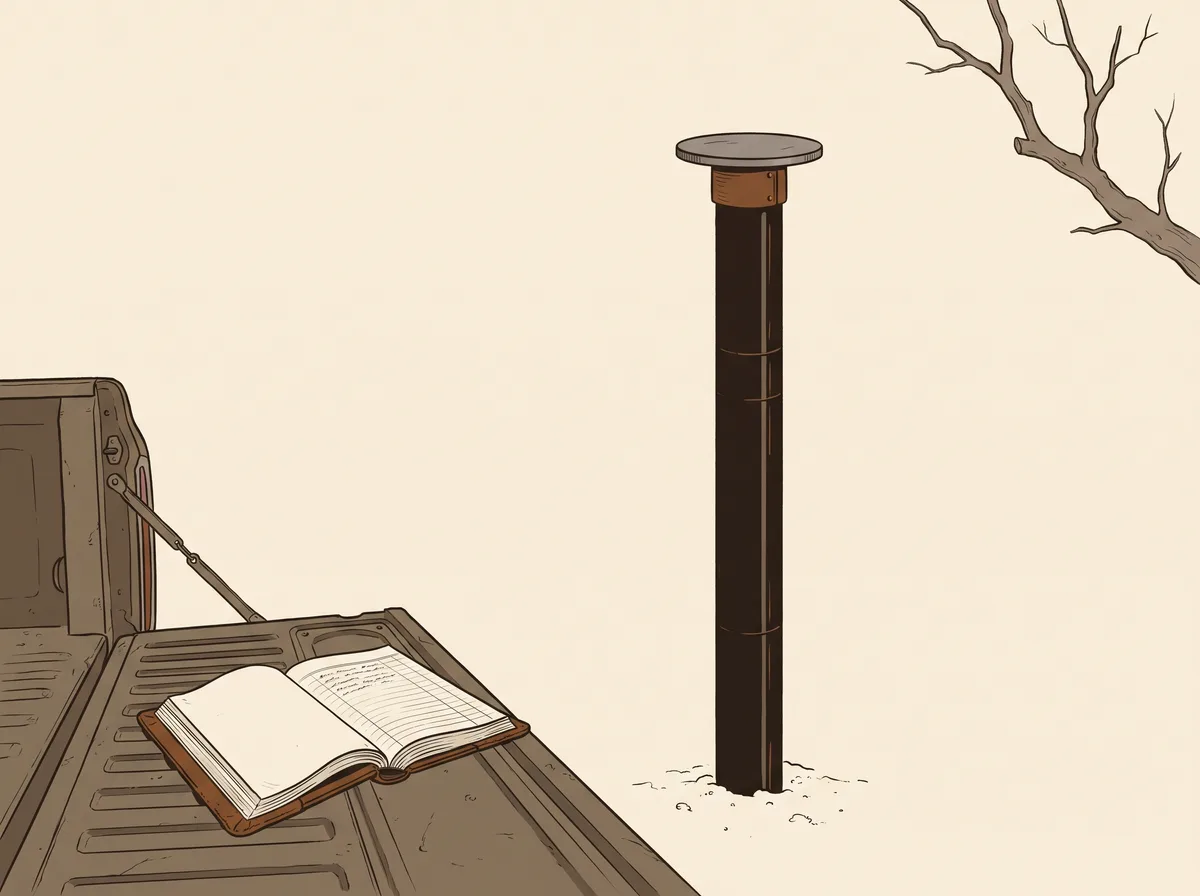 Illustration of an open ledger resting on a truck tailgate beside a rural wellhead, a live-oak sprig in the background, and a single glint of water at the wellhead cap